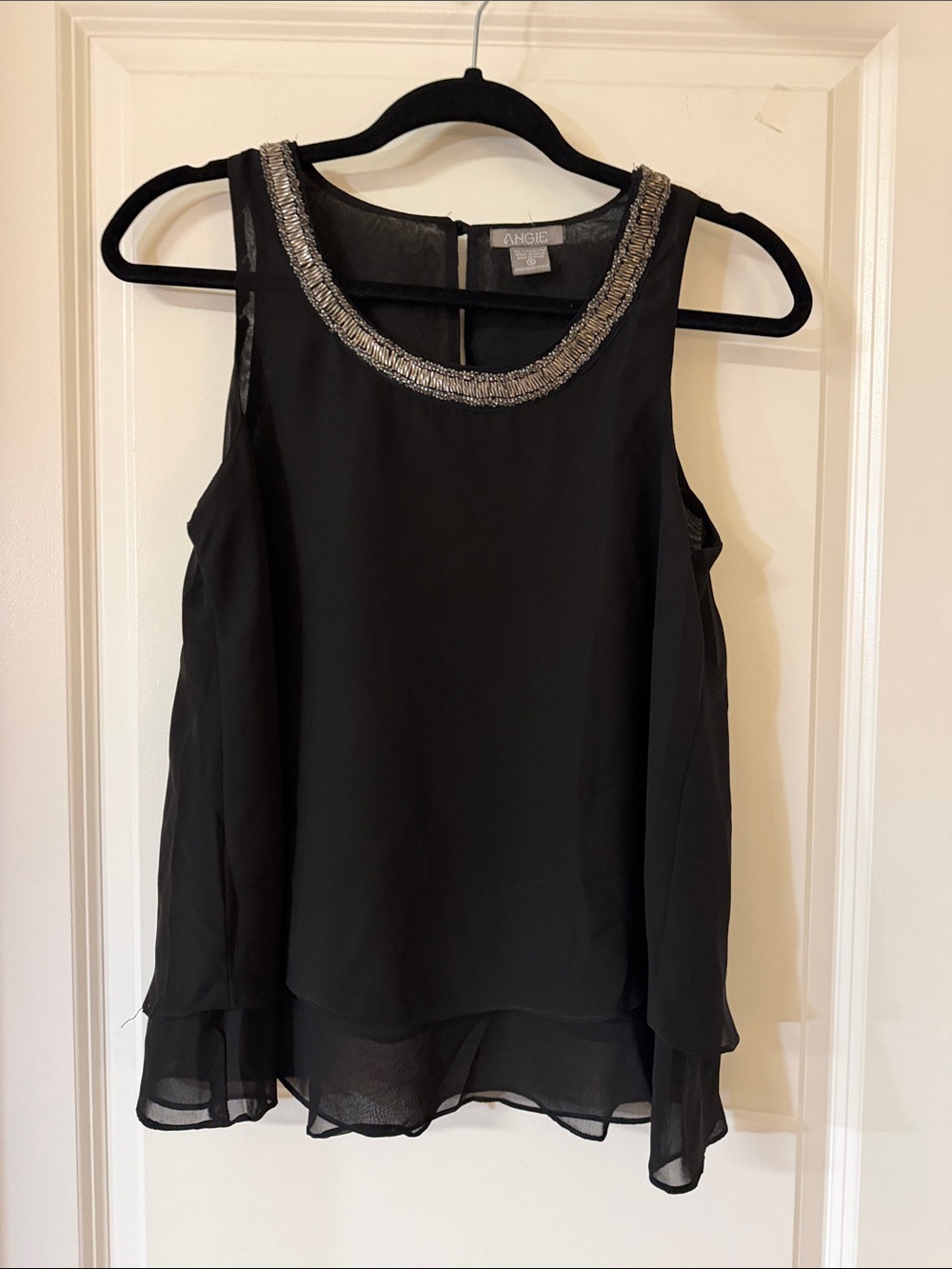 Angie Black Chiffon Sleeveless Top with Silver Beaded Neckline